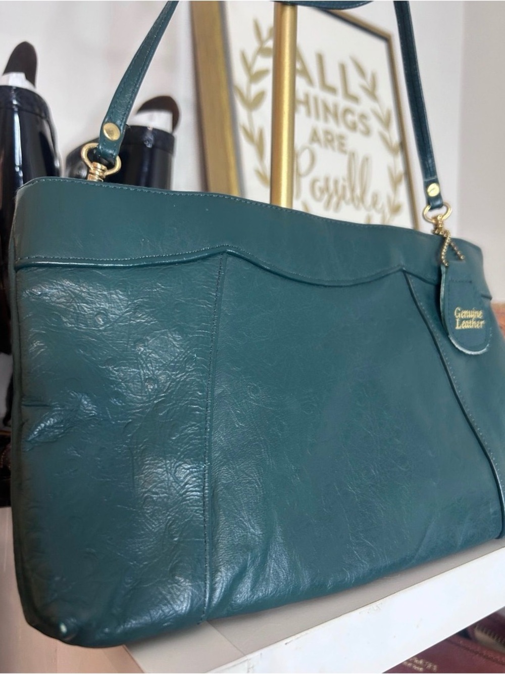 Vintage Teal Genuine Leather Ostrich Embossed Crossbody Clutch Purse